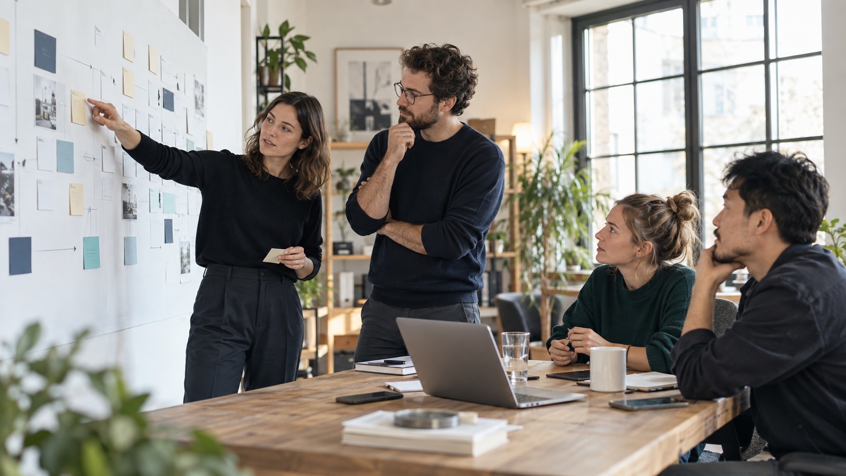 AI-generated scene of business and technical colleagues planning a product workflow together.
