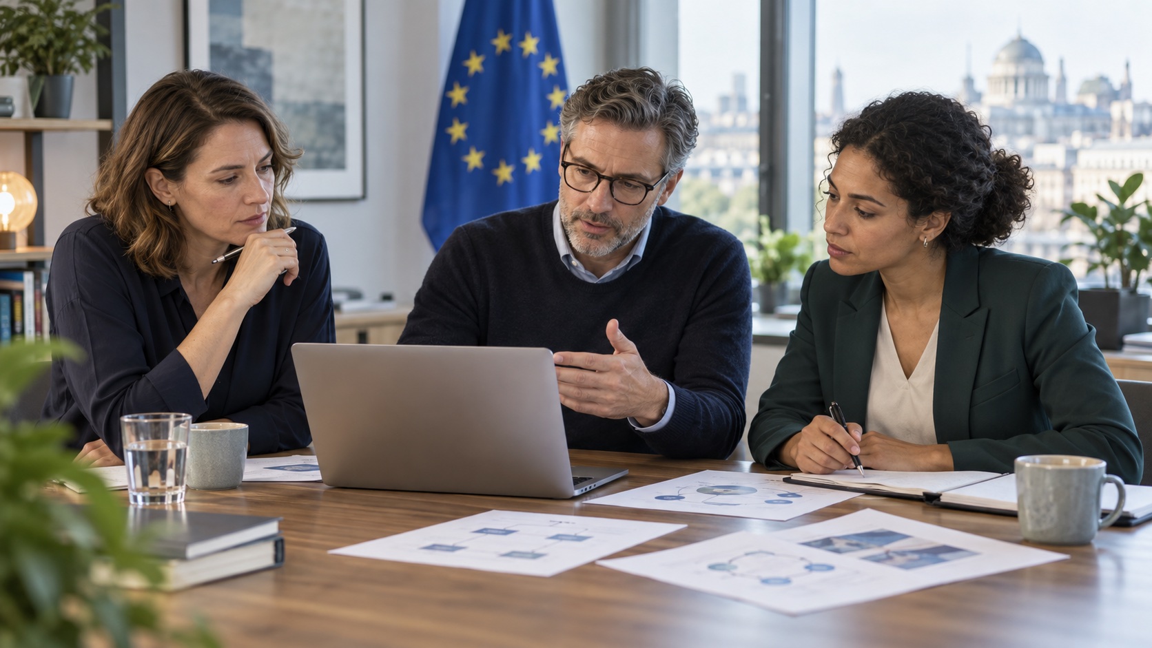 AI-generated scene of three colleagues reviewing an AI project with a European Union flag in the background.