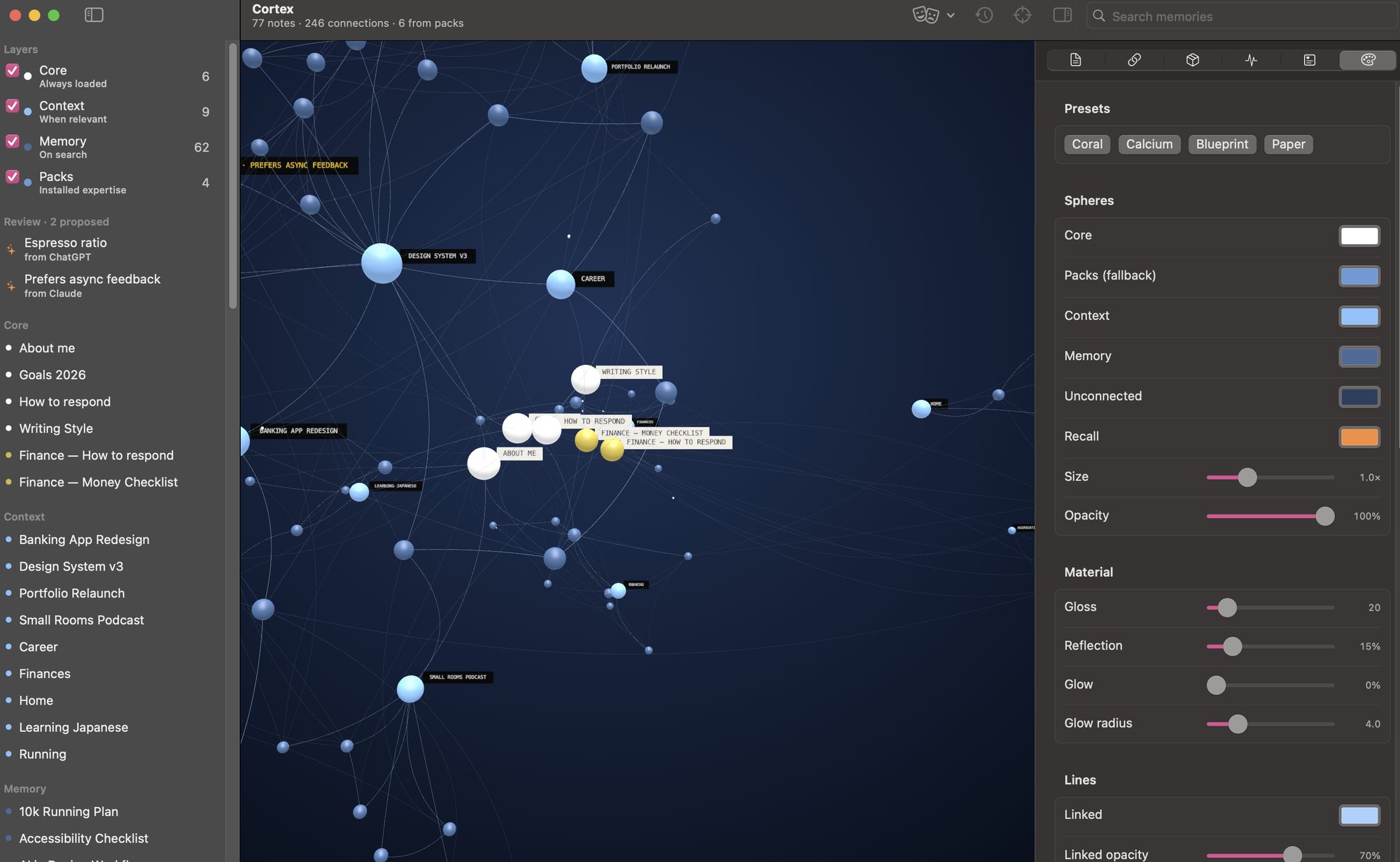 The Blueprint preset: pale blue spheres and curved lines on a deep navy background