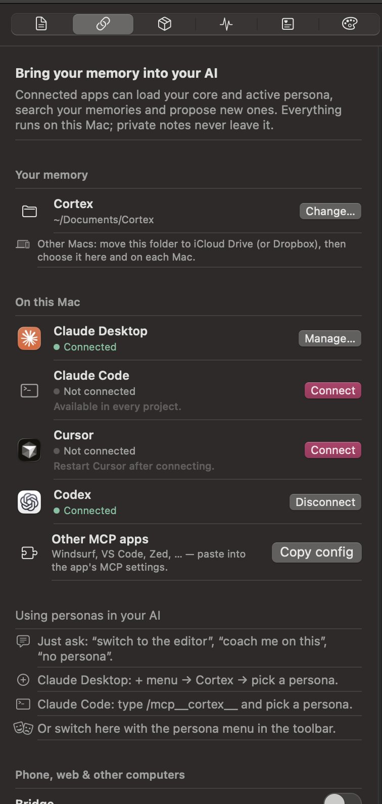 The Connect panel: the memory folder, one-click connections for Claude Desktop, Claude Code, Cursor and Codex with their status, a copyable config for other apps, and the Bridge switch for phone and web