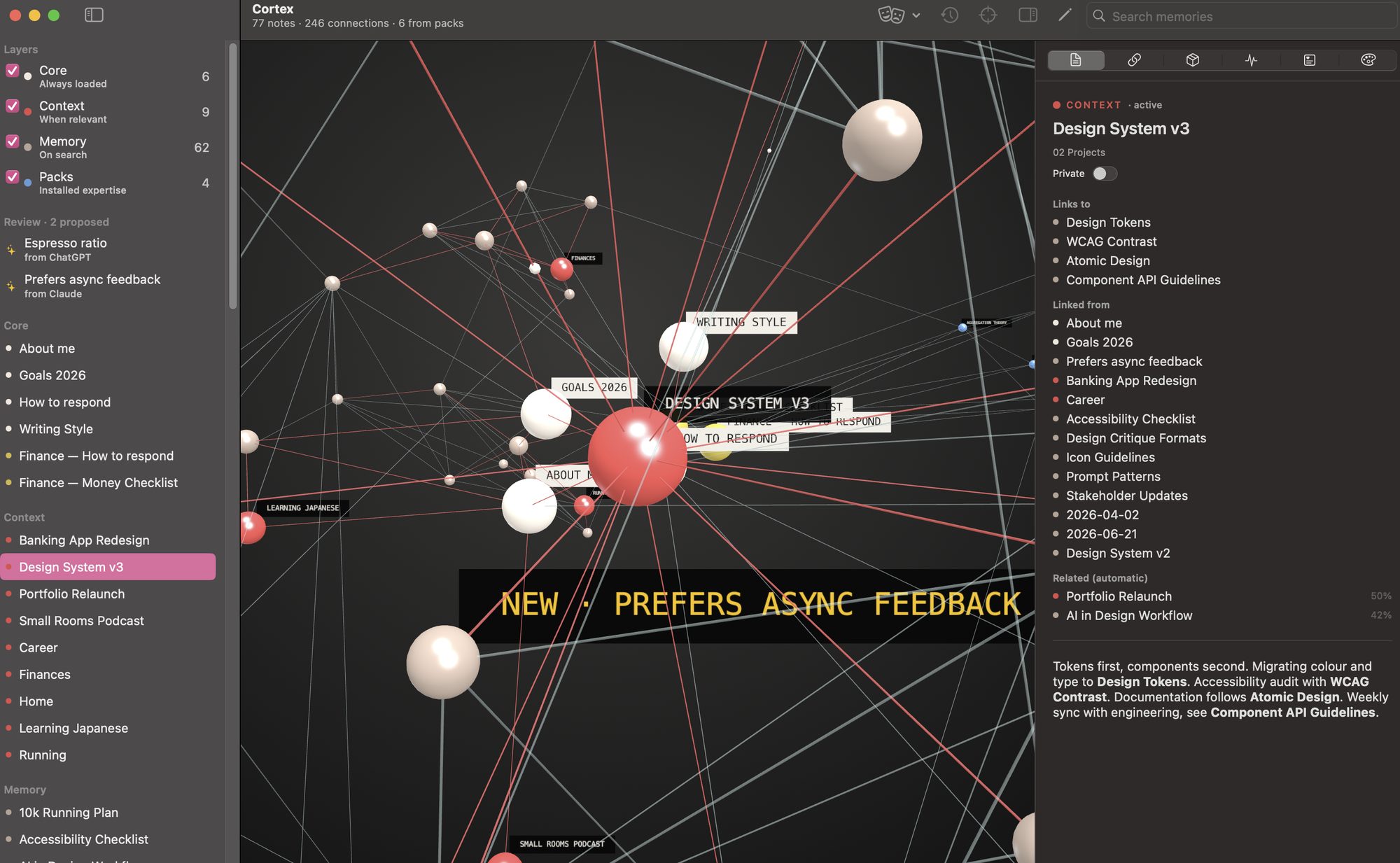 The note Design System v3 selected: its sphere enlarged in the graph, and a panel listing the notes it links to, the notes that link back, and two related notes found automatically with a similarity score