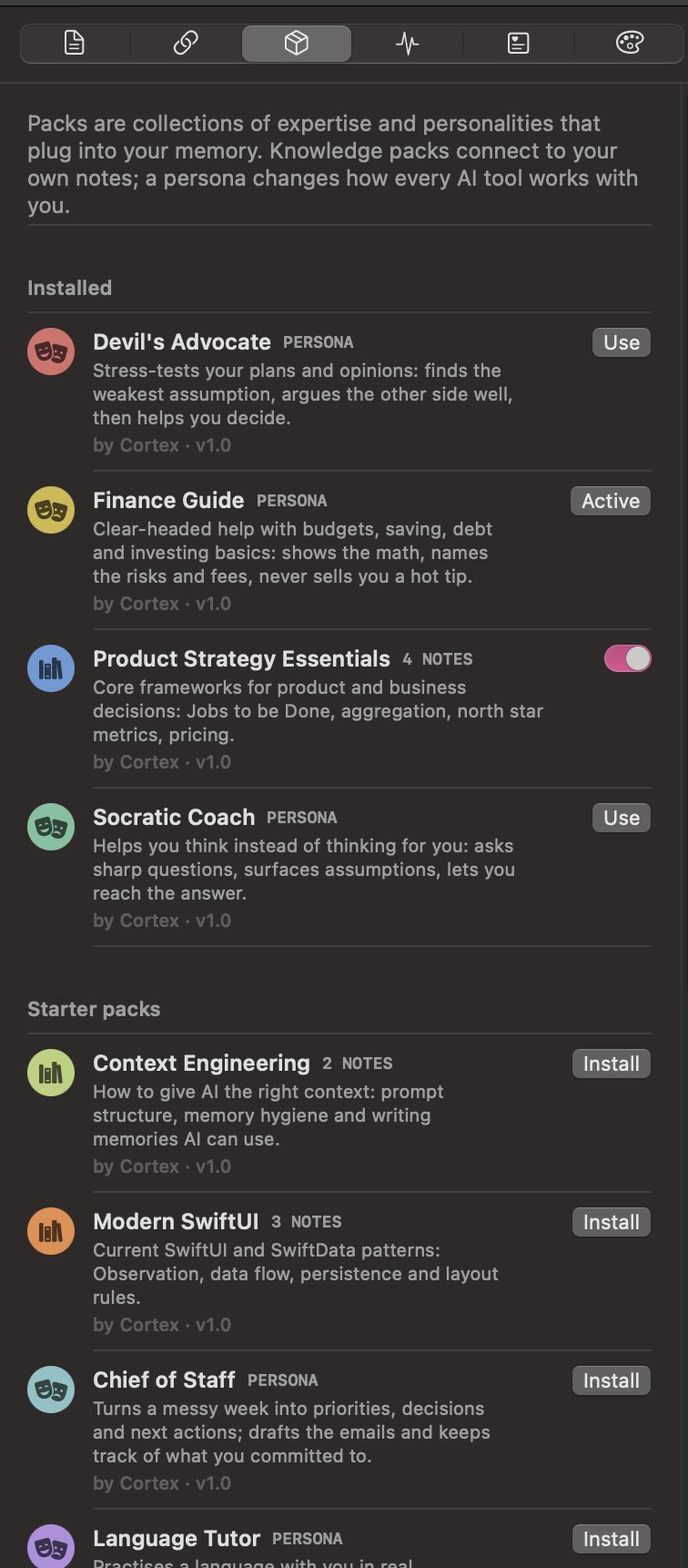 The Packs panel: installed personas Devil's Advocate, Finance Guide (active) and Socratic Coach, a knowledge pack called Product Strategy Essentials, and more starter packs to install