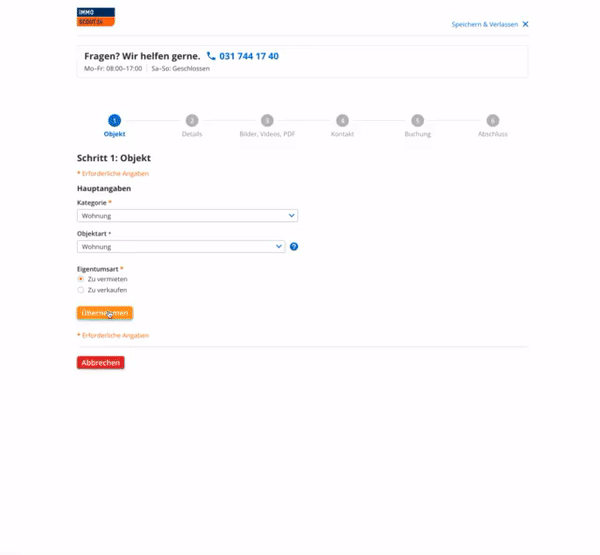 Current state of the insertion flow showing multiple form steps