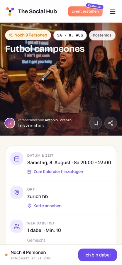 Mobile event detail page with a fact card for date, location and attendance, and a fixed RSVP bar at the bottom