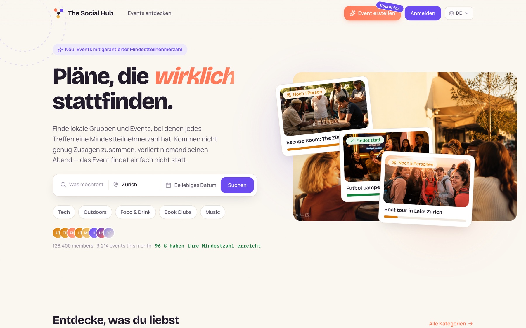 The Social Hub home page: German hero headline, search bar and tilted event cards showing how many people are still missing