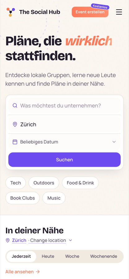 The Social Hub mobile home screen with a compact hero, stacked search fields and category chips